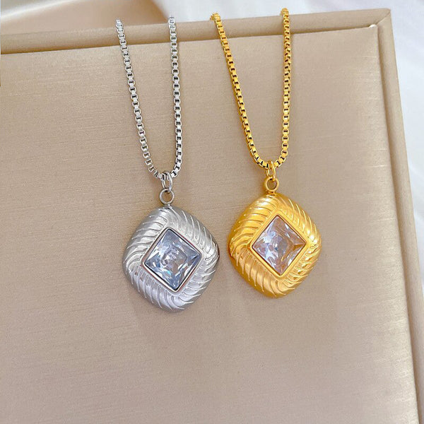 316L Stainless Steel Square Zircon Pendant Necklace For Women