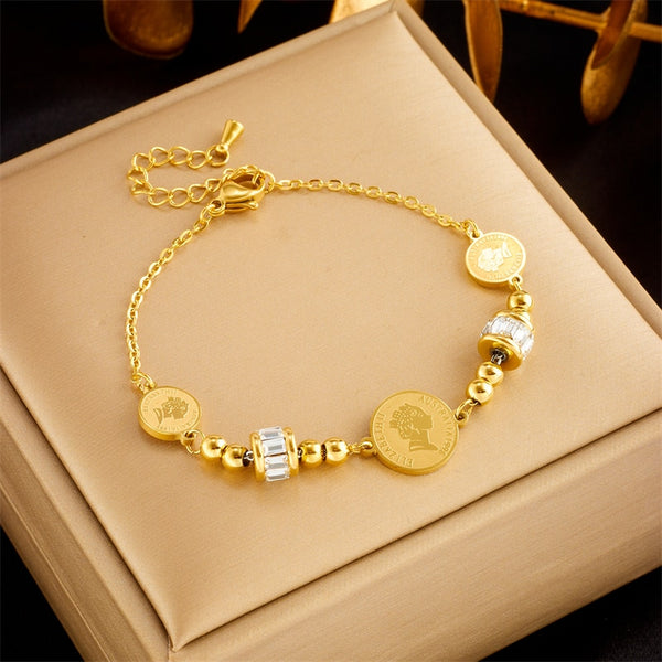 316L Stainless Steel Round Portrait Coin Charm Bracelet For Women