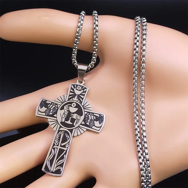 Collar cristiano de acero inoxidable con cruz de jugo de uva y halo de la Eucaristía para hombres y mujeres