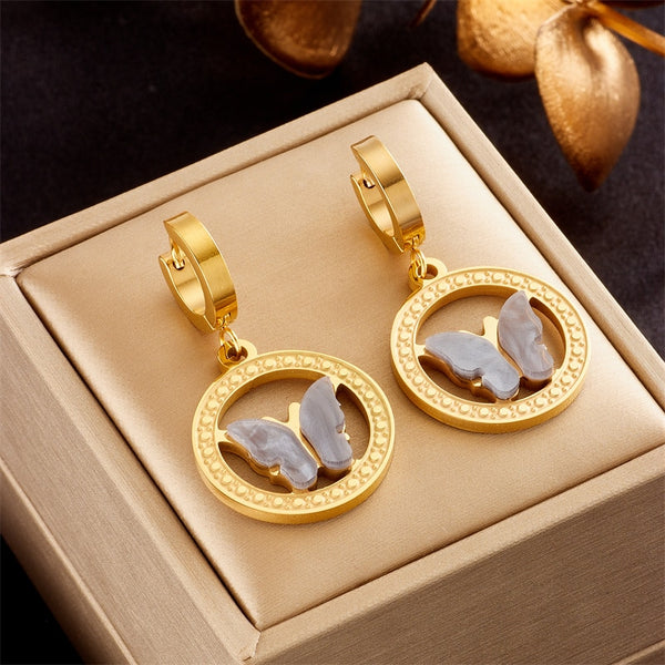 316L Stainless Steel Round Cutout Butterfly Hoop Earrings For Women