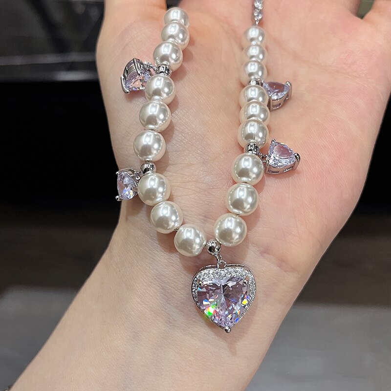 Korean Luxury White Heart Crystal Pendant Necklace For Women