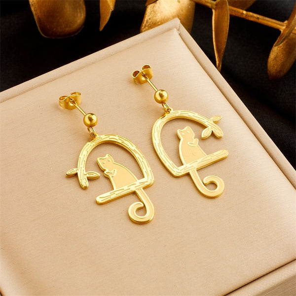 Pendientes colgantes de gato de acero inoxidable 316L para mujer