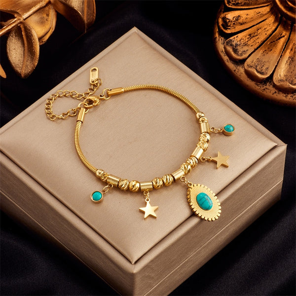 316L Stainless Steel Oval Green Stone Charm Bracelet For Women