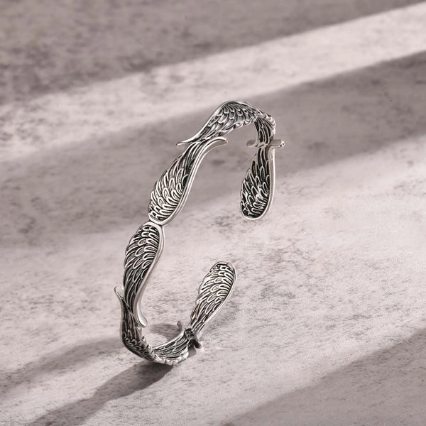 Men Vintage Angel Wings Cuff Bracelet, Rock Stylish Guardian Angel Wing Bangle Bracelets