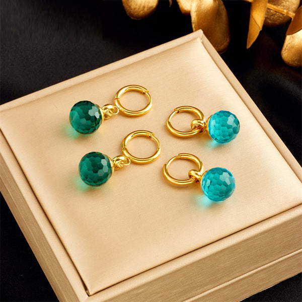 316L Stainless Steel Luxury Blue Green Bead Ball Pendant Earrings For Women