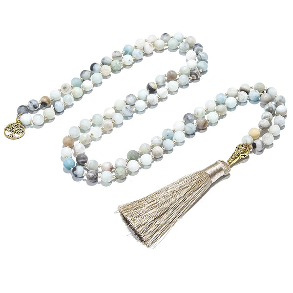 Collar anudado de amazonita mate de 8 mm con 108 cuentas de mala para meditación
