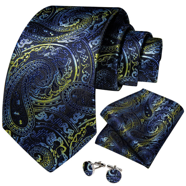 Luxury Designer Blue Paisley Silk Ties For Men Wedding Accessories Handkerchief Cufflinks Necktie Gift