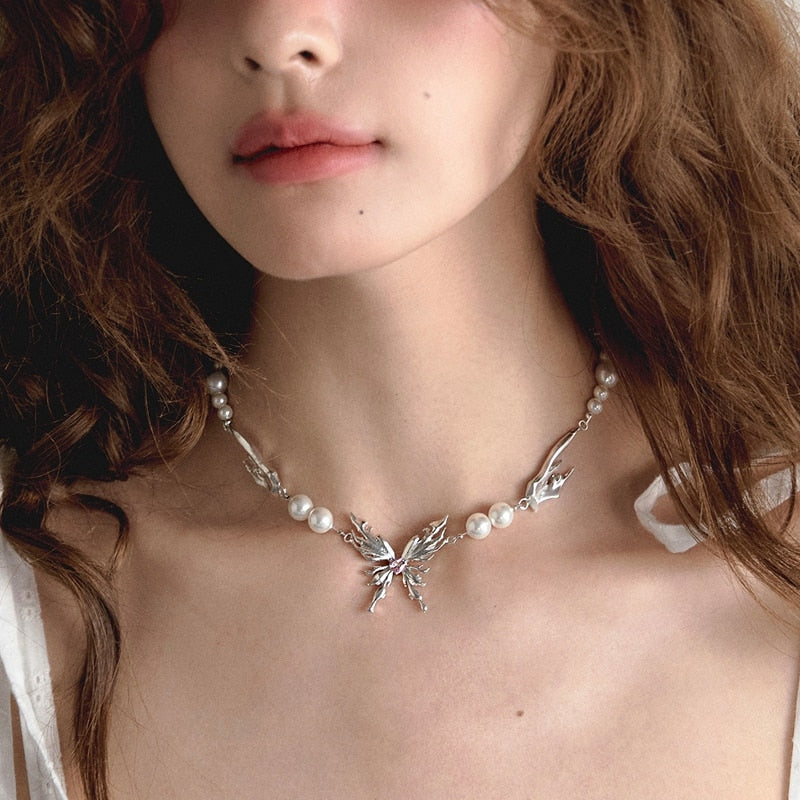 Korean Fashion Design Punk Irregular Butterfly Pendant Necklace For Women