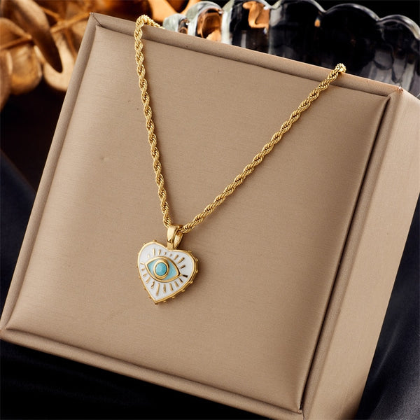 Collar con colgante de ojo esmaltado en forma de corazón de acero inoxidable 316L para mujer
