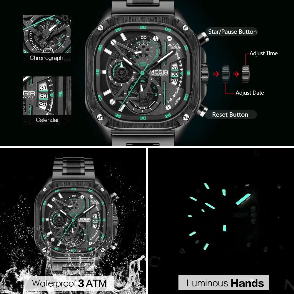 Black Quartz Watch Men Waterproof Square Dial Wristwatch