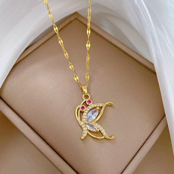 316L Stainless Steel Butterfly Zircon Pendant Necklace For Women