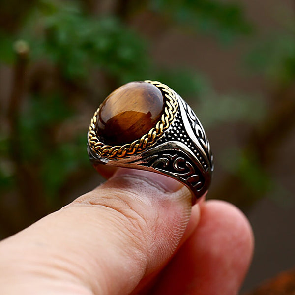 Anillos vintage con piedra de ojo de tigre marrón ovalada para hombre y niño