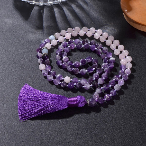 Collar Mala 108 con nudo de cuentas de cuarzo rosa y amatista de 8 mm