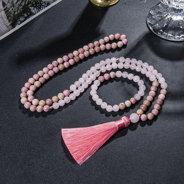 Collar de 108 cuentas de mala de cuarzo rosa rodolita natural de 8 mm para hombres y mujeres