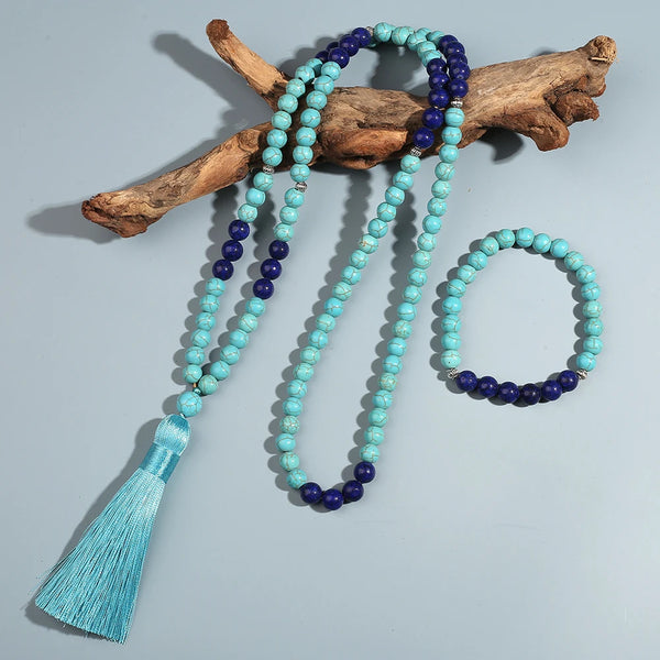 Conjunto de collar y pulsera con cuentas de lapislázuli azul turquesa de 8 mm, 108 mala, rosario de oración y meditación