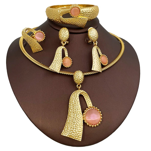 Conjunto de joyas de ópalo rosa italiano para mujer, collar, pendientes, brazalete, anillo, 4 piezas
