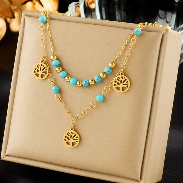 316L Stainless Steel Round Tree Green Stone Beads Pendant Necklace For Women