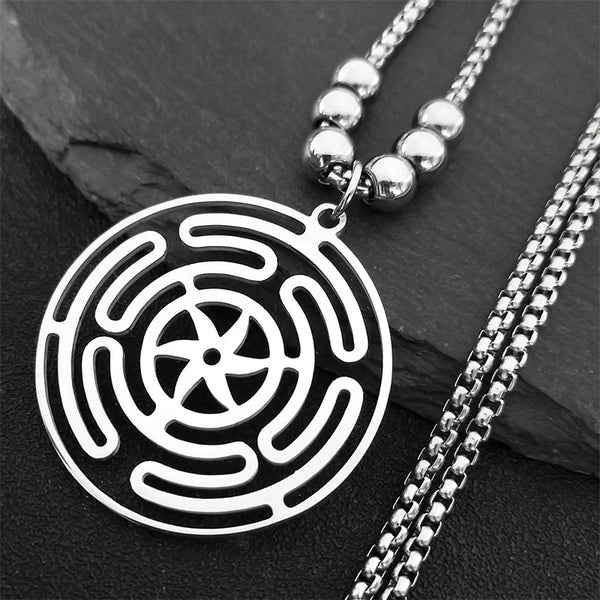 Collar con rueda de Hécate para hombre y mujer, de acero inoxidable, con símbolo mágico de la diosa Hécate, cadena larga.