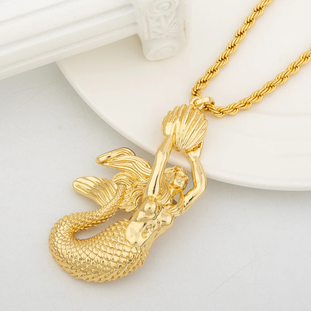 3PCS Gold Color Mermaid Pendant Necklace Vintage Unique Chain