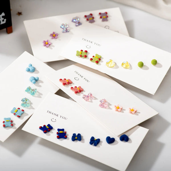 Three Pairs Earrings Set Cute Bear Theme Ceramic Earring
