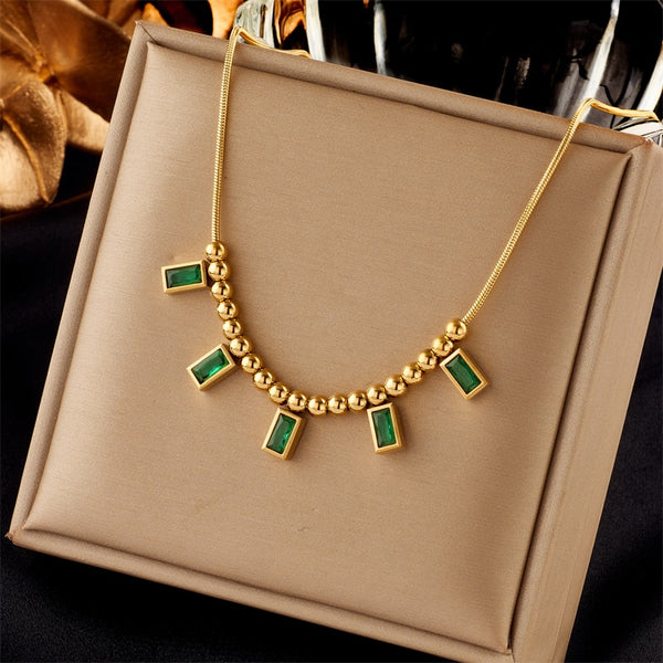 Collar con colgante de cristal de circonita verde cuadrada de acero inoxidable 316L para mujer