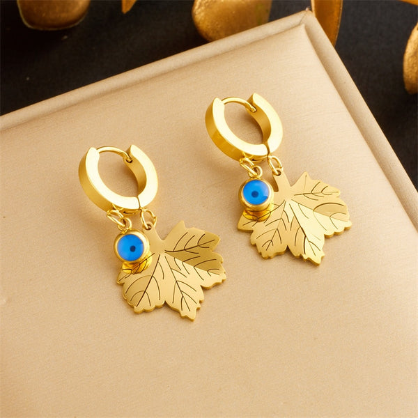 316L Stainless Steel Maple Leaf Eyes Charm Earrings For Women