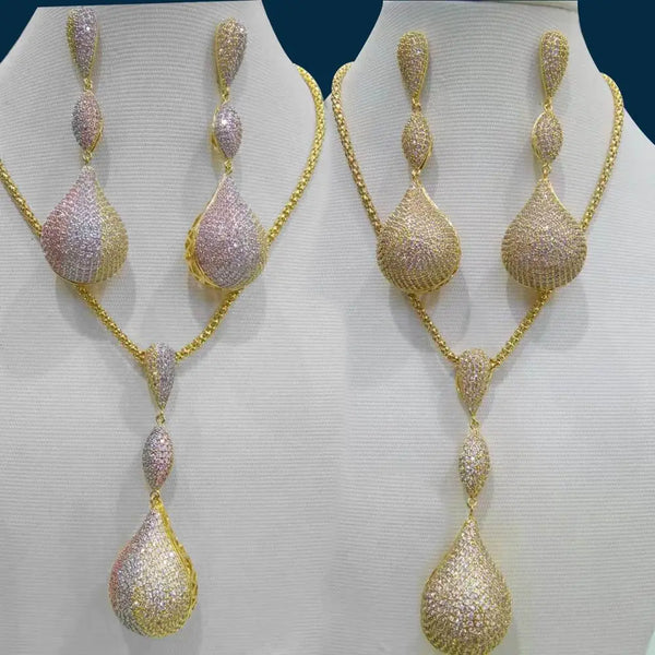 Noble Dubai Women Wedding Long Big waterdrop Pendant Earrings Necklace Jewelry Set