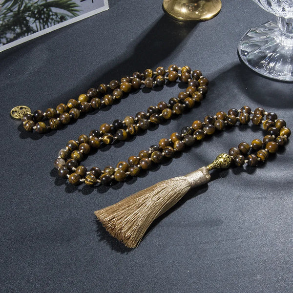 Collar de meditación con 108 cuentas de mala anudadas de ojo de tigre amarillo de 8 mm