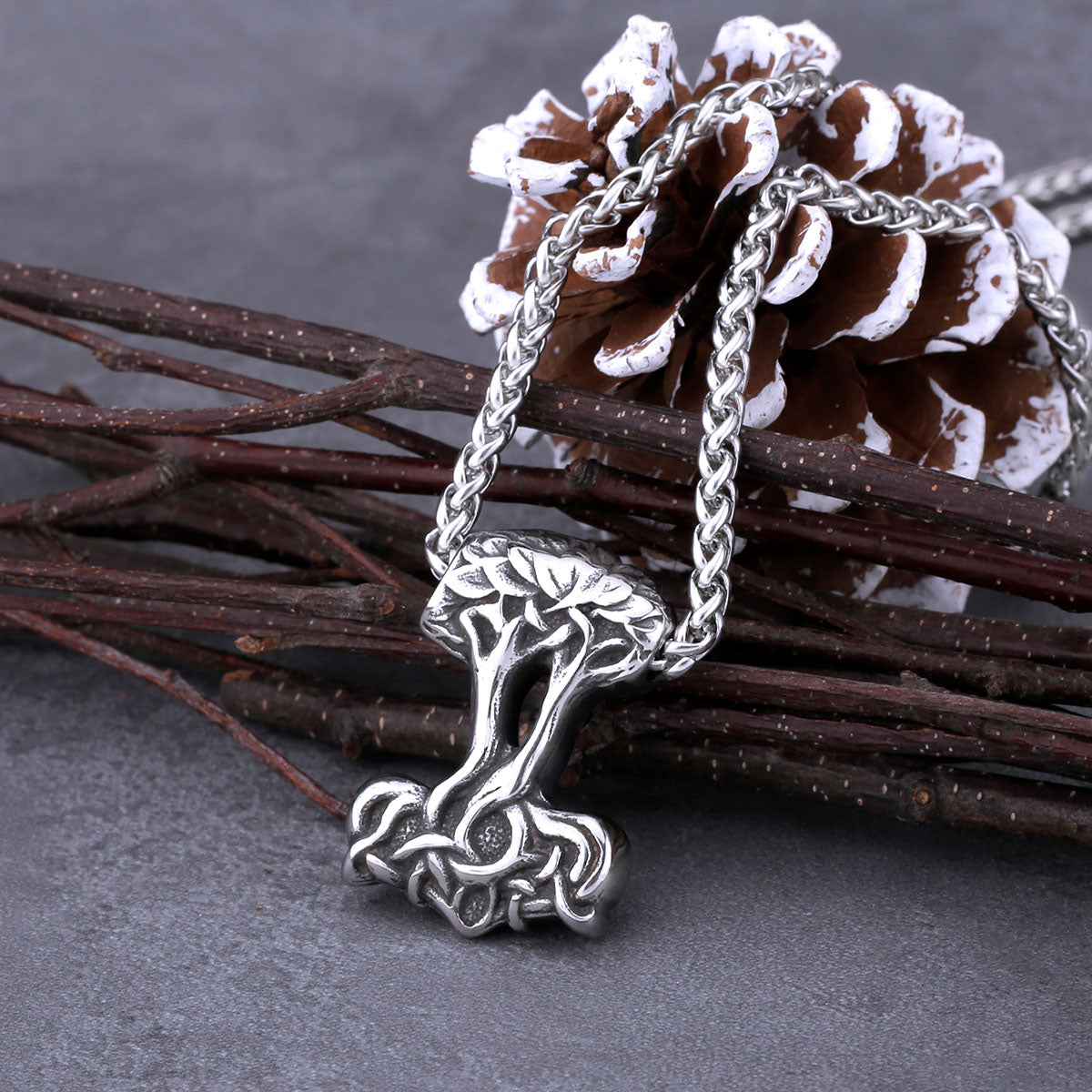 Viking Tree of Life Rune Necklace Men's Stainless Steel Thor Hammer Fashion Pendant