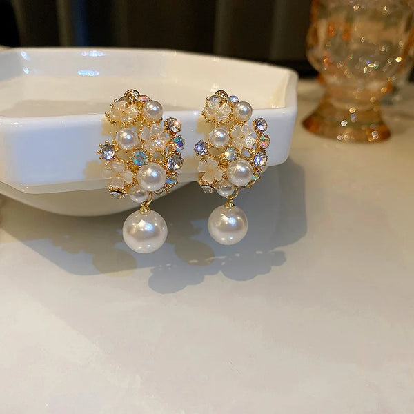 Exquisite Simulated Pearl Earrings For Women Flower Long Statement Drop Dangle Earrings