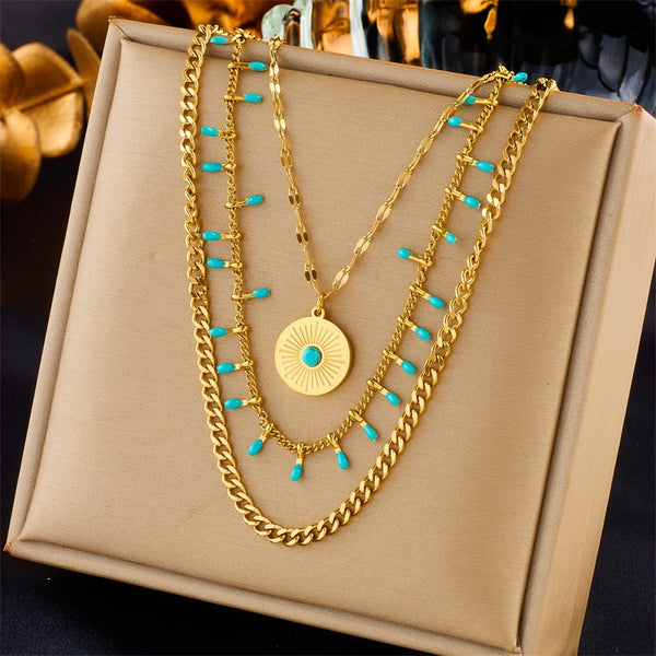 316L Stainless Steel Bohemia Round Sun Blue Stone Pendant Necklace For Women