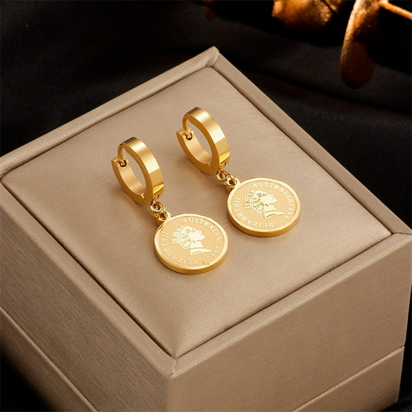 316L Stainless Steel Round Portrait Coin Earrings For Women