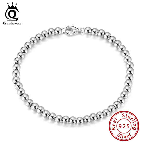4mm Bead Ball Strand Chain Bracelet 925 Sterling Silver Fashion Women Bracelet