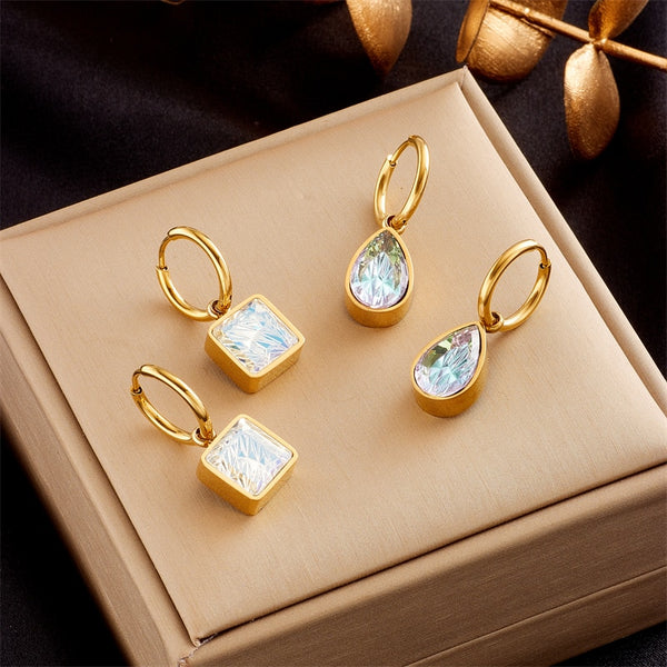 316L Stainless Steel Square WaterDrop Colorful Zircon Hoop Earrings For Women