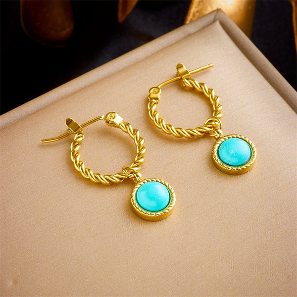 Pendientes de aro de acero inoxidable 316L con piedra azul redonda para mujer