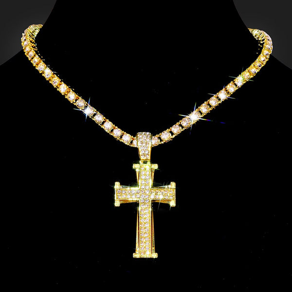 Men Women Hip Hop Cross Pendant Necklace With 4mm Zircon Tennis Chain