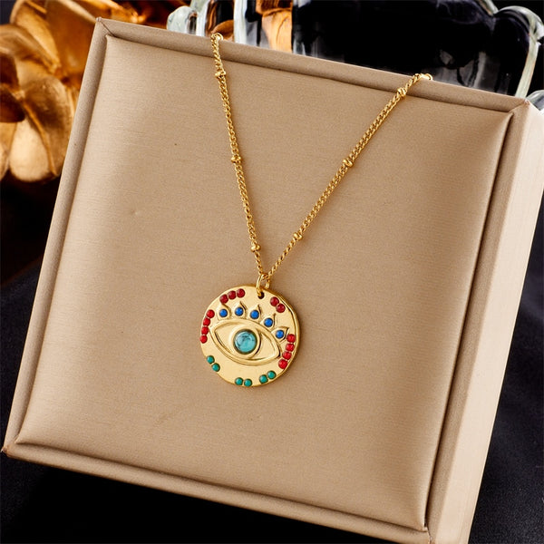 316L Stainless Steel Round Colorful Eye Pattern Pendant Necklace For Women