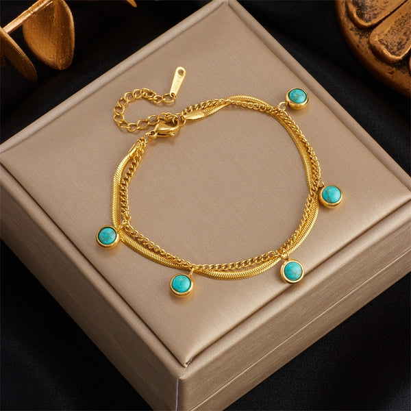 Pulsera de acero inoxidable 316 con dije de piedra verde de dos capas para mujer