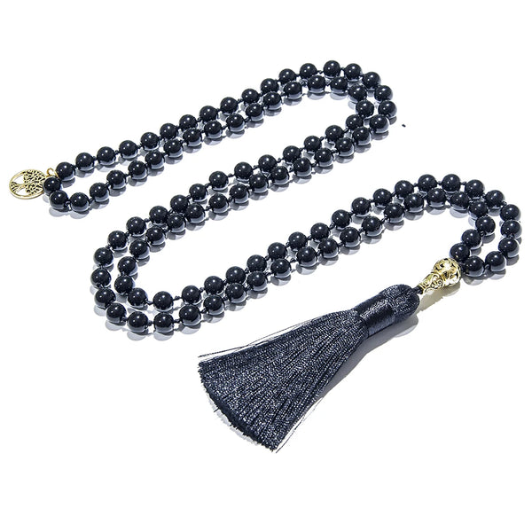 Collar de 108 cuentas Mala con Árbol de la Vida de 8 mm de ónix negro anudado para meditación y oración. Japamala.