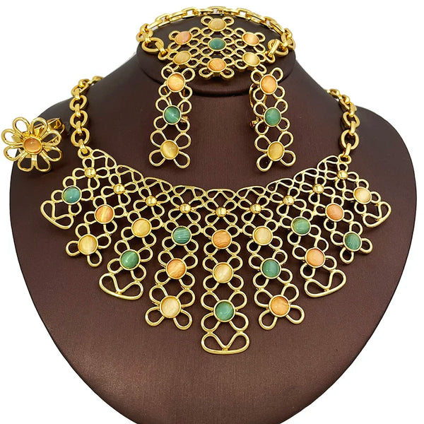 Conjunto de joyas de ópalo de lujo con diseño en forma de tira, pendientes, collar, brazalete y anillo, 4 piezas