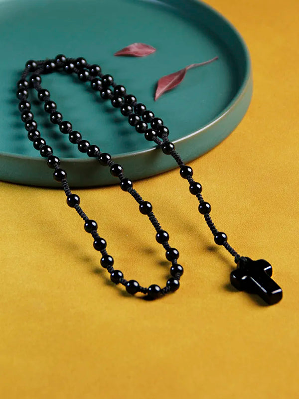 Collar con colgante de cruz de rosario de ágata negra de 6 mm, collar con nudo hecho a mano