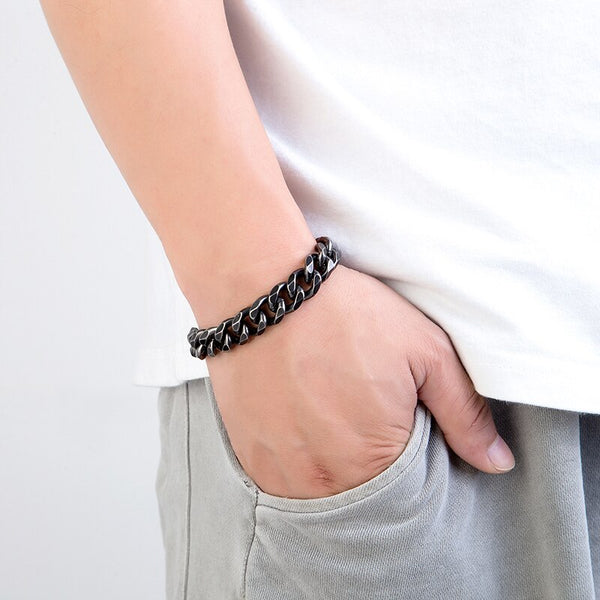 13mm Vintage Black Men Bracelet Stainless Steel Curb Cuban Link Chain