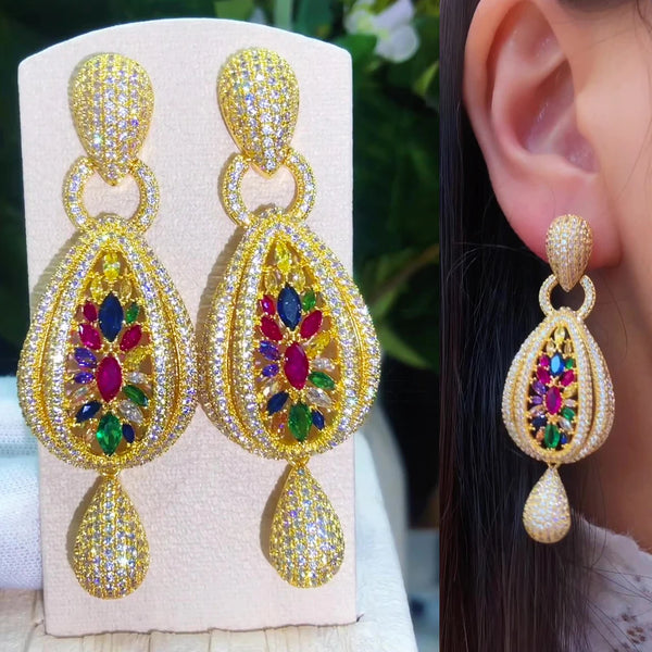 Gorgeous Shiny Long CZ Drop Earrings Full Cubic Zirconia for Women