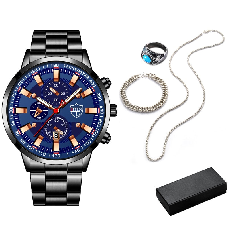 5pcs Set Mens Watches Fashion Luxury Men Stainless Steel Quartz Wrist Watch