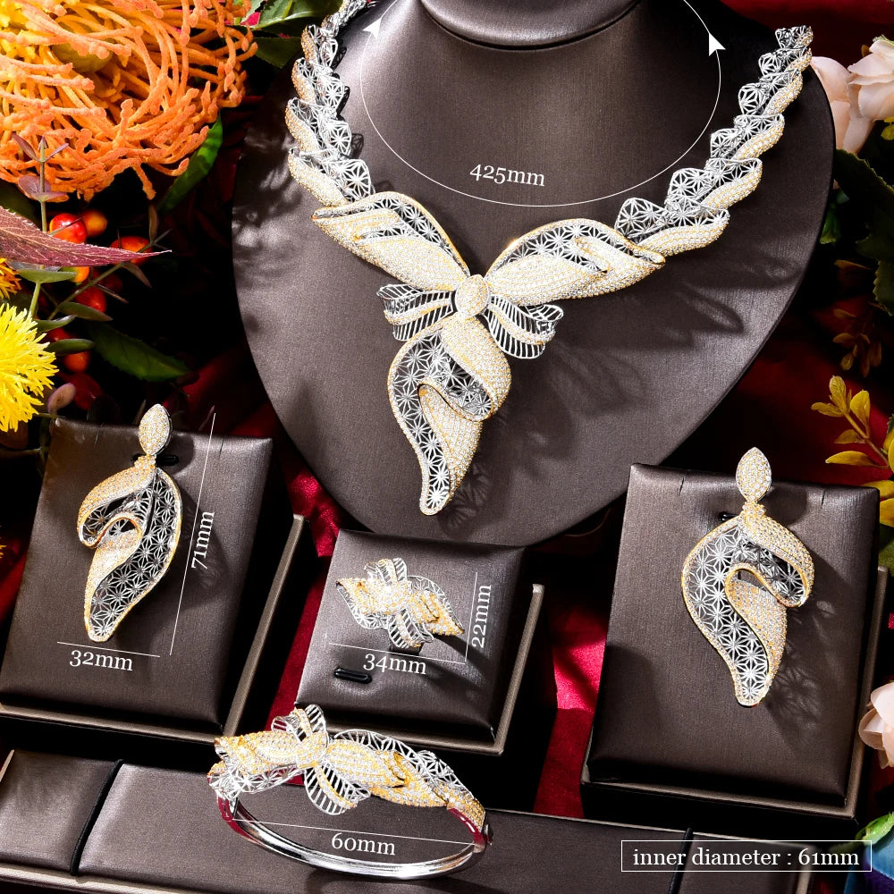 Sweet Shiny Luxury Gorgeous 4pcs Bow Necklace Earrings Jewelry Set Women