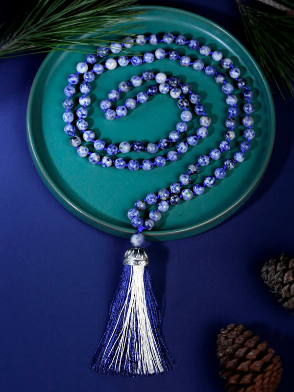 Collar con borlas de cuentas Mala 108, cuentas de 8 mm con puntos blancos y cuentas azules, meditación Japamala