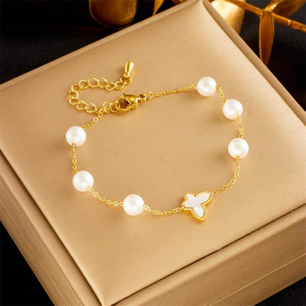 316L Stainless Steel Pearl Butterfly Charm Bracelet For Women