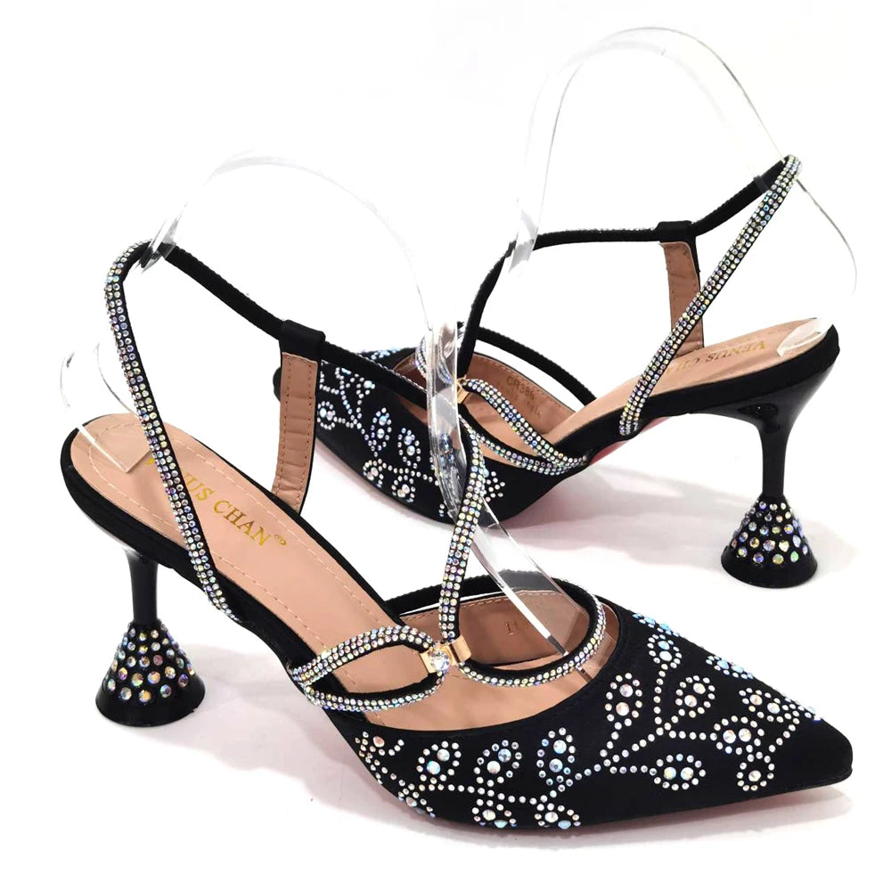 Black Color Pointed High Heel Rhinestone Bow  Party Wedding Shoes and Bag Set