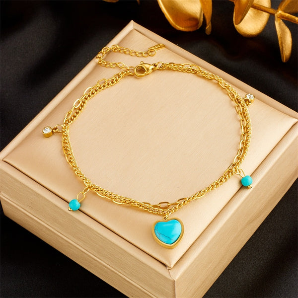 316L Stainless Steel Heart-Shaped Green Stone Charm Anklets For Women
