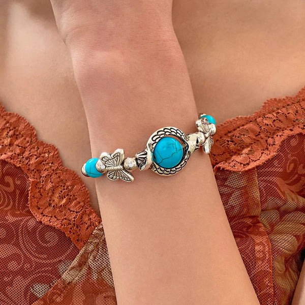 Pulseras bohemias étnicas con cuentas azules de mariposa y tortuga para mujer